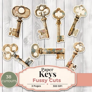 Puede incluir: Una colección de llaves de papel con estética vintage. Las llaves presentan texturas de papel envejecido, patrones florales y de periódico, y efectos metálicos desgastados. La imagen incluye una etiqueta que dice "Paper Keys Fussy Cuts".