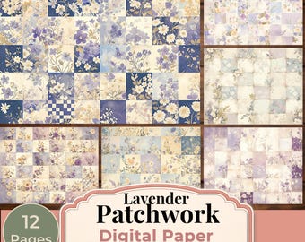 Light Purple Patchwork Digital Paper Pack, 12 Floral Quilt Style Papers, Shabby Chic Scrapbook Paper, Printable Backgrounds 11x8.5