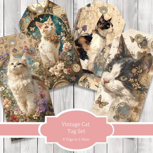 Étiquettes vintage pour chats - étiquettes éphémères - Images Clip Art du journal indésirable - coupe délicate - étiquettes de scrapbooking