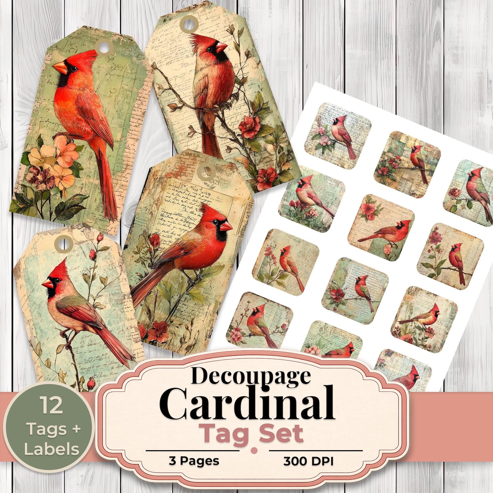 Decoupage Cardinal Tag and Label Set - Collage Scrapbook - Patchwork ...