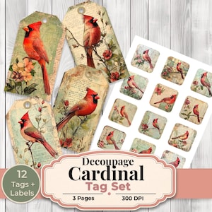 May include: A set of decoupage cardinal tags and labels. The tags feature vintage-style illustrations of red cardinals perched on branches with flowers. The set includes 12 tags and labels, with the text "Decoupage Cardinal Tag Set".