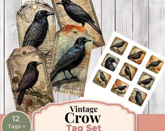May include: A set of vintage-style tags and labels with illustrations of black crows. The tags have a distressed, aged appearance with botanical and script elements. The set includes 12 tags and labels, with the words "Vintage Crow Tag Set" displayed.