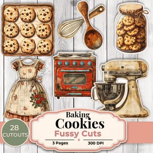 May include: A collection of baking-themed cutouts, including cookies on a tray, a jar of cookies, a red oven, a stand mixer, a whisk, a wooden spoon, and an apron. The image also includes text that reads "Baking Cookies Fussy Cuts".