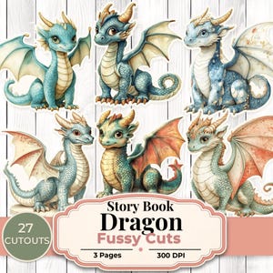 Può includere: Una collezione di sei ritagli di draghi ad acquerello nei toni del blu, verde e arancione. I draghi hanno ali e corna dettagliate. Il testo sull'immagine recita "Story Book Dragon Fussy Cuts" e "27 Cutouts, 3 Pages, 300 DPI."