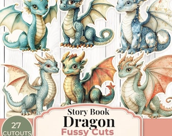 Storybook Dragon Fussy Cuts Printable, Fantasy Dragon Ephemera, Cute Dragons for Junk Journal, Scrapbooking, Paper Craft PNG