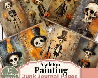 Páginas imprimibles para diario creativo con temática de esqueletos y estilo gótico de Halloween. Descarga digital. 5 páginas imprimibles. 10 diseños de media página.