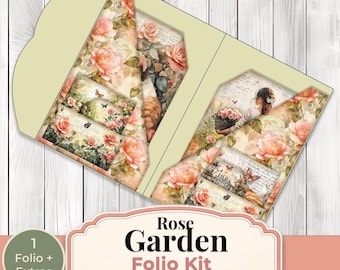 Kit per album di ritagli "Rose Garden Junk Journal" con elementi floreali vintage stampabili, inserti shabby chic per scrapbooking e pagine romantiche per diario.