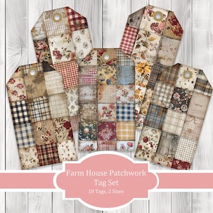 Peut inclure: Un ensemble d'étiquettes patchwork sur le thème de la ferme. Les étiquettes présentent divers motifs, notamment des motifs floraux, à carreaux et en grain de bois. Chaque étiquette a un trou renforcé pour l'accrochage. Le texte de l'image indique "Farm House Patchwork Tag Set 18 Tags, 2 Sizes."