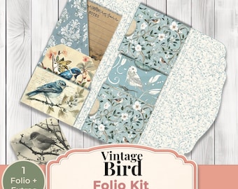 May include: A vintage bird folio kit in light blue and cream. The kit features a folio with pockets and inserts, decorated with bird and floral illustrations. The image text reads "Vintage Bird Folio Kit", "9 Pages", and "300 DPI".