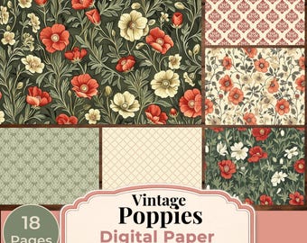 Vintage Poppy Digital Paper Pack, Red Floral Scrapbook Paper, Junk Journal Pages, Botanical Backgrounds, 18 Printable Papers