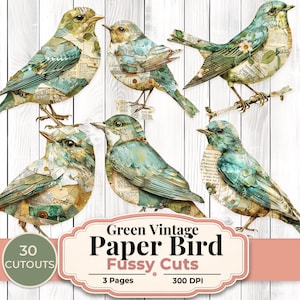 Puede incluir: Seis recortes de pájaros de papel verde y azul con una estética vintage. Las aves están adornadas con papel estampado, con texto y diseños florales. La imagen incluye una etiqueta que dice "Green Vintage Paper Bird Fussy Cuts".