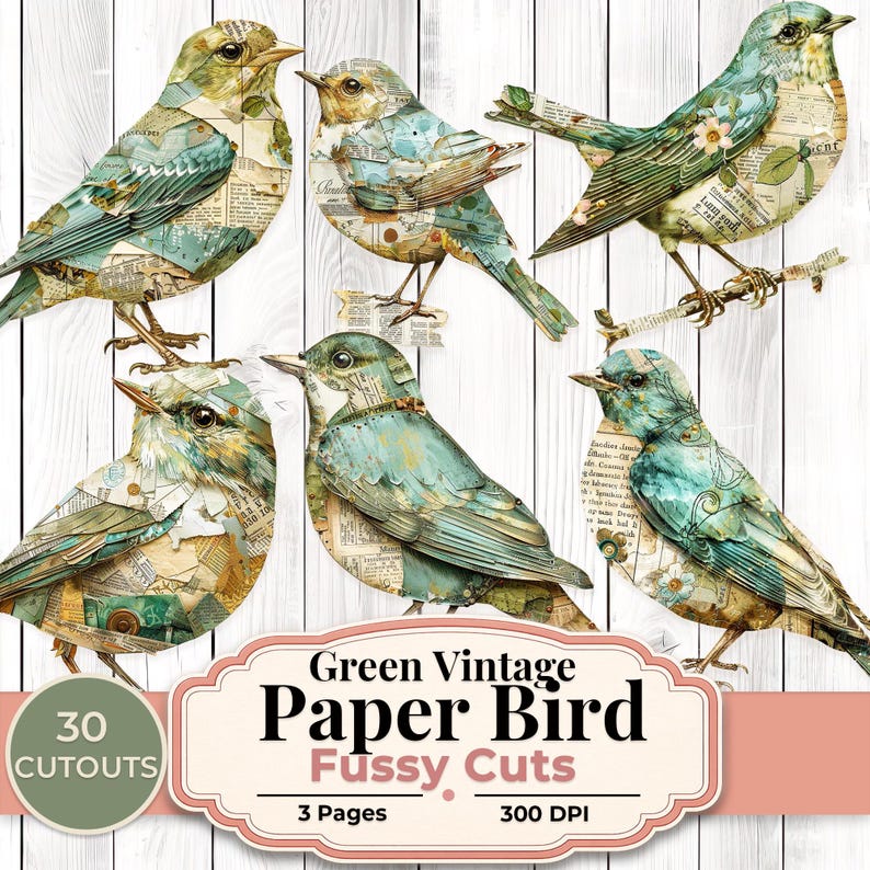 Vintage Bird Fussy Cuts PNG, Green Paper Birds Printable Sheet, Junk ...