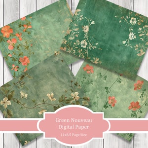 Grün Nouveau- Journal Papier Set, Junk Journal Seiten, Junk Journal Papier, Printable Journal, Scrapbook Papier, Digitales Papier