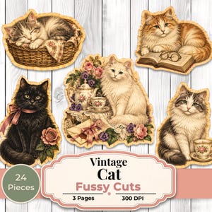 May include: A collection of five die-cut style cat illustrations featuring a sleeping tabby in a basket, an orange cat with a book and glasses, a black cat with a rose, a white cat with a tea set, and a fluffy cat beside a teacup, plus text.