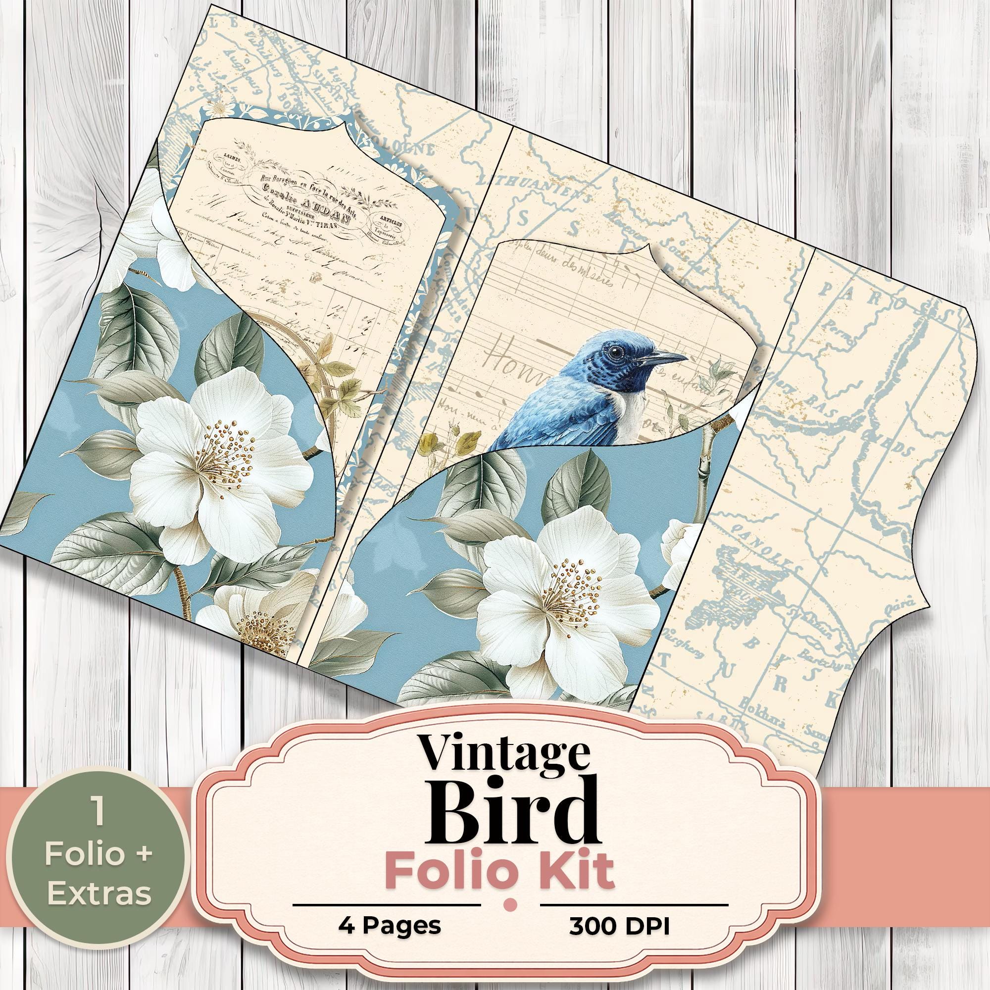 Vintage Bird Junk Journal Folio Kit Printable Blue Floral Ephemera ...