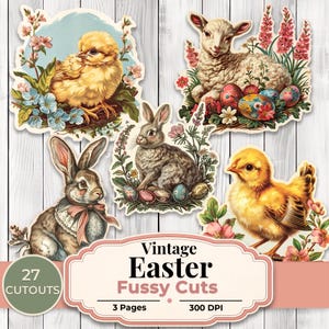 Puede incluir: Colección de recortes minuciosos vintage con temática de Pascua, con un pollito, un cordero y conejos con huevos de Pascua y detalles florales. La imagen incluye el texto "Vintage Easter Fussy Cuts" y "27 Cutouts".