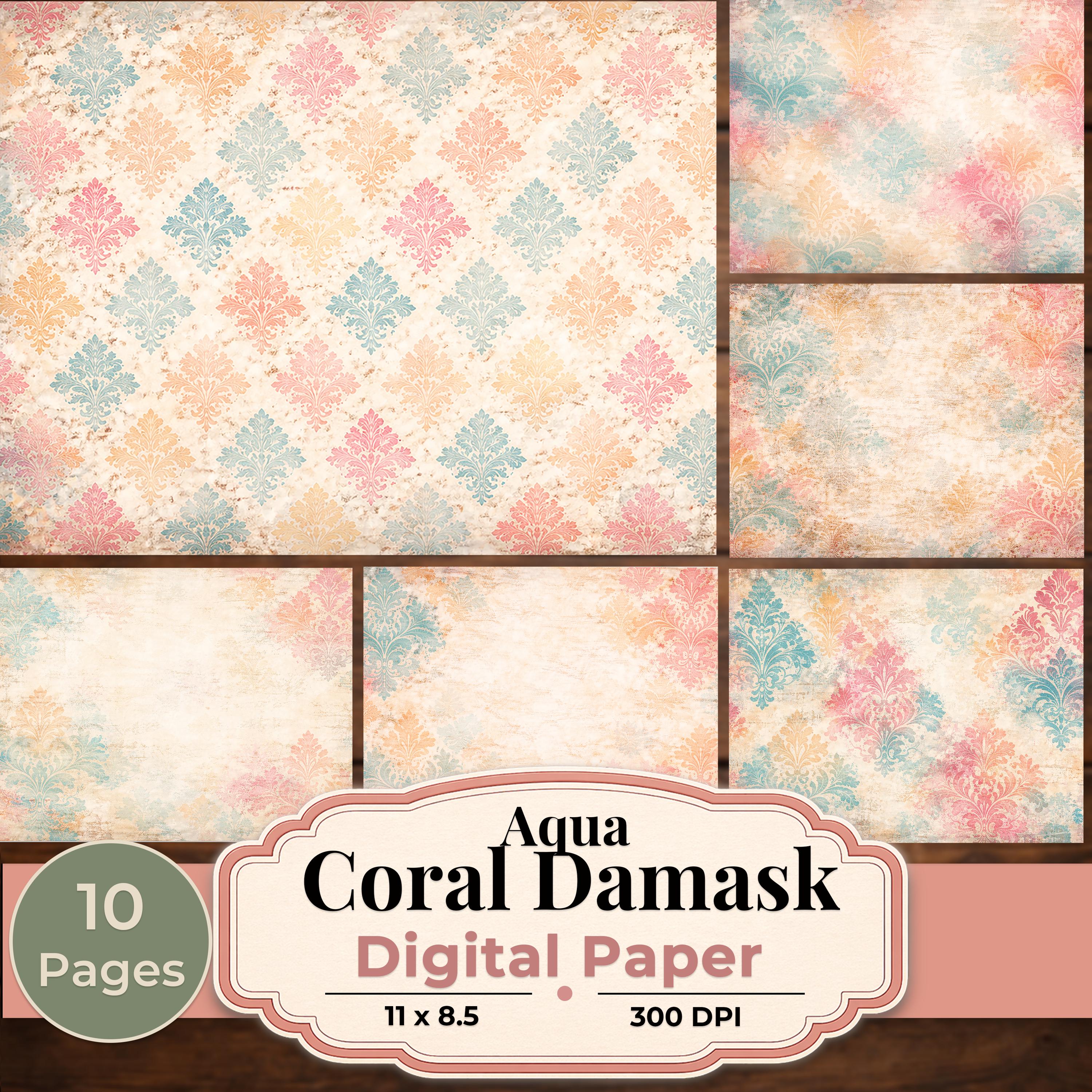 Aqua Coral Damask Digital Paper Pack, Vintage Damask Scrapbook Paper ...