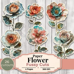 May include: A collection of six paper flower cutouts in various colors, including blue, orange, and pink. The flowers are made from paper with a vintage book page design. The image includes the text "Paper Flower Fussy Cuts" and "26 Cutouts".