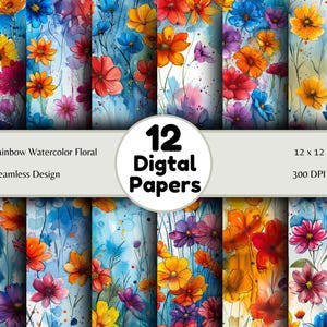 Rainbow Watercolor Florals - Seamless Pattern -  Digital Paper  -  Printable Journal, Scrapbook Paper, Seamless