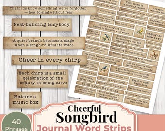 Songbird Journal Wortstreifen - Wortstreifen | Ephemera Etiketten | Papiermodelle | Junk Journal Bilder Clip Art | Pingeliger Schnitt