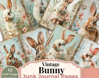 Vintage Bunny Junk Journal Pages Printable Rabbit Ephemera Digital Download 5 Printable Pages 10 Half Page Designs