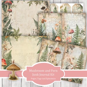 Mushroom And Fern -  Junk Journal Kit, Journal Pages, Papers, Ephemera, Tags, Printable, Scrapbook Kit, Digital Download