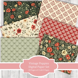 Vintage Poppies - Journal Papier Set, Junk Journal Seiten, Junk Journal Papier, Printable Journal, Scrapbook Papier, Digitales Papier