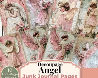 Decoupage Angel Junk Journal Pages Printable Pink Angel Ephemera Vintage Angel Digital Download 5 Printable Pages 10 Half Page Designs