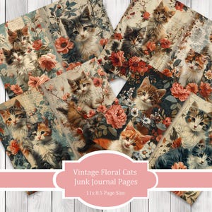 chats floraux vintage - ensemble de papier journal, pages de journal indésirable, papier journal fleur indésirable, journal imprimable, papier de scrapbooking, papier numérique