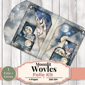 Può includere: Un kit folio con un design ad acquerello con lupi, lune e cieli stellati. Il kit include un folio principale ed extra, con il testo "Moonlit Wolves Folio Kit" e "4 Pages 300 DPI". La tavolozza dei colori comprende blu, bianchi e tocchi di pesca.