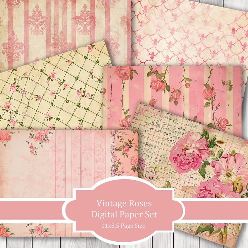 Pink Vintage Rose Digital Paper Pack, Shabby Chic Floral Scrapbook ...