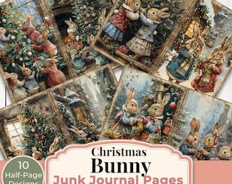Christmas Bunny Junk Journal Pages Printable Winter Rabbit Ephemera Digital Download 5 Printable Pages 10 Half Page Designs