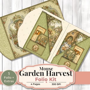 May include: A whimsical folio kit with a mouse garden theme. The kit includes a folio, extras, and four pages. The design features illustrations of mice, tickets, and garden scenes. The text on the image reads "Mouse Garden Harvest Folio Kit."