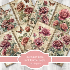 Rose bordeaux - Ensemble de papier pour carnet, Pages de journal indésirables, papier de journal fleurs indésirables, Imprimable, Papier de scrapbooking, Papier numérique