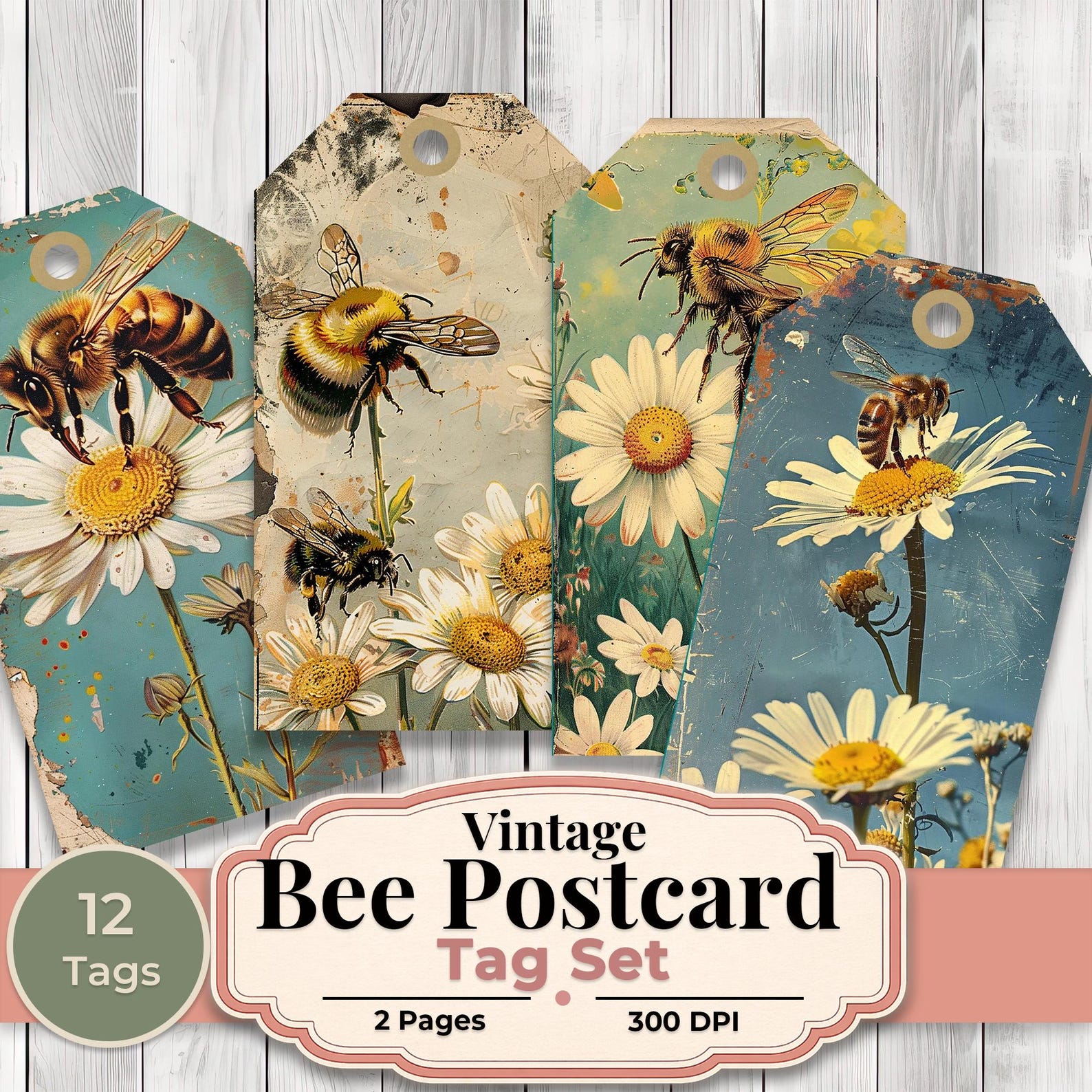 Vintage Bee Postcard Tags - Collage Scrapbook - Patchwork Tags ...