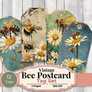 May include: A set of vintage-style bee postcard tags. Each tag features a detailed illustration of a bee on a daisy, set against a distressed, aged background. The tags are in various shades of blue, green, and cream, with the text "Vintage Bee Postcard Tag Set".