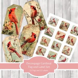Decoupage kardinaal tag en label set - collage plakboek - patchwork tags - efemere labels - ongewenste tijdschriftafbeeldingen illustraties - kieskeurig knippen