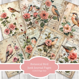 Botanical Bird -  Journal Paper Set, Junk Journal Pages, Flower Junk Journal Paper, Printable Journal, Scrapbook Paper, Digital Paper