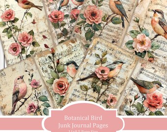 Pájaro Botánico - Juego de Papel para Diario, Páginas de Diario Basura, Papel de Diario Basura con Flores, Diario Imprimible, Papel para Álbum de Recortes, Papel Digital