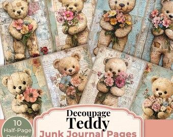 Decoupage Teddy Junk Journal Pages Printable Vintage Teddy Bear Ephemera Digital Download 5 Printable Pages 10 Half Page Designs