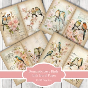 Pájaros románticos del amor - Conjunto de papel de diario, páginas de diario basura, papel de diario basura de flores, diario imprimible, papel de álbum de recortes, papel digital