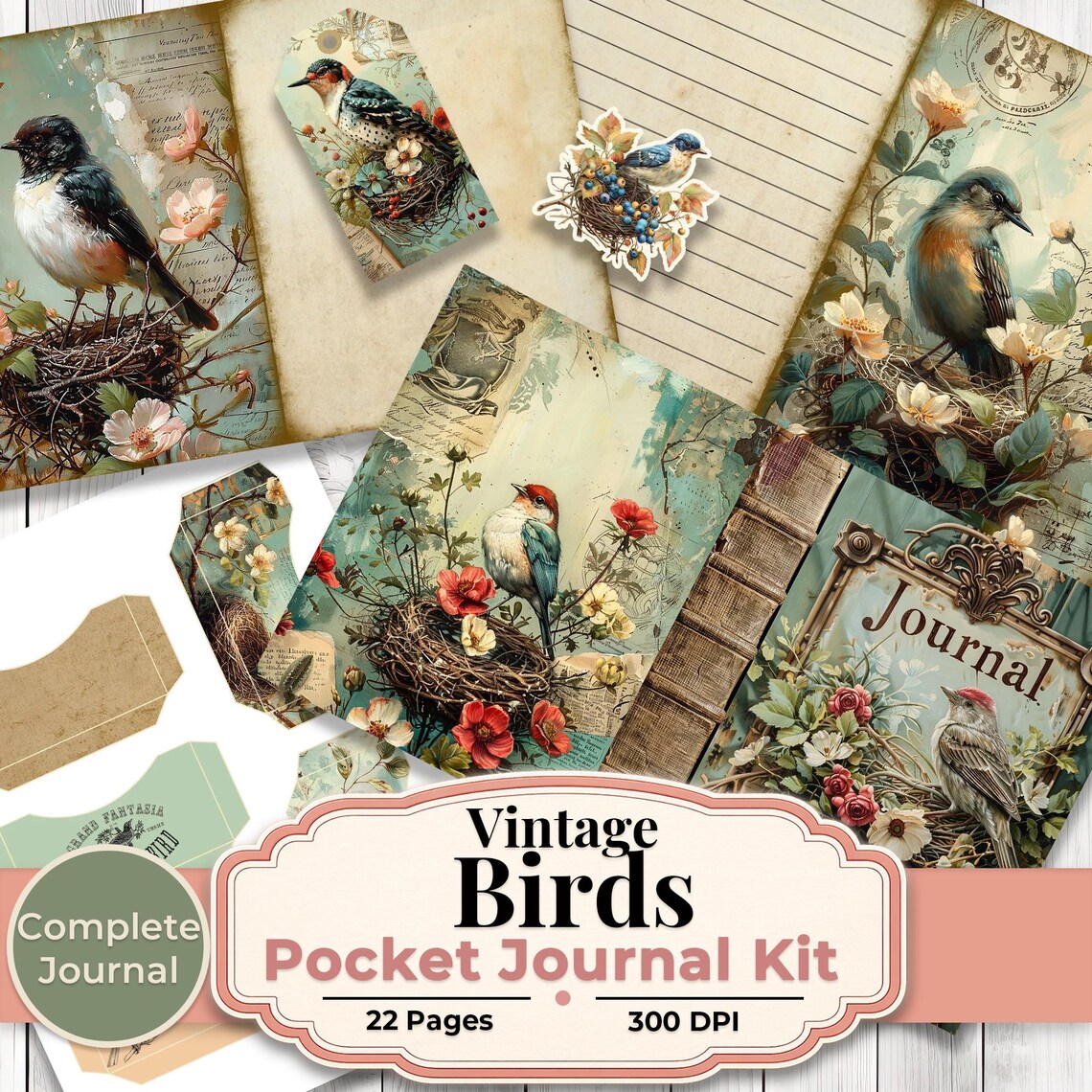 Vintage Birds Pocket Junk Journal Kit Printable Complete Mini Journal ...
