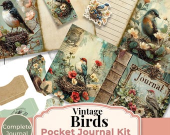 Vintage Birds Pocket Junk Journal Kit Printable Complete Mini Journal Kit Bird Ephemera Nature Journal Scrapbook Kit
