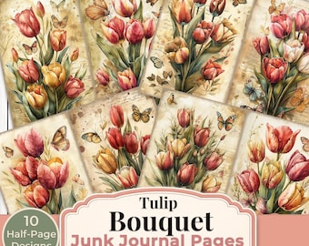 Tulip Bouquet Junk Journal Pages Printable Vintage Floral Ephemera Digital Download 5 Printable Pages 10 Half Page Designs