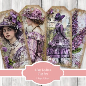 Conjunto de etiquetas de damas lilas: diario basura, diario imprimible, etiquetas de diario basura, efímera de diario basura