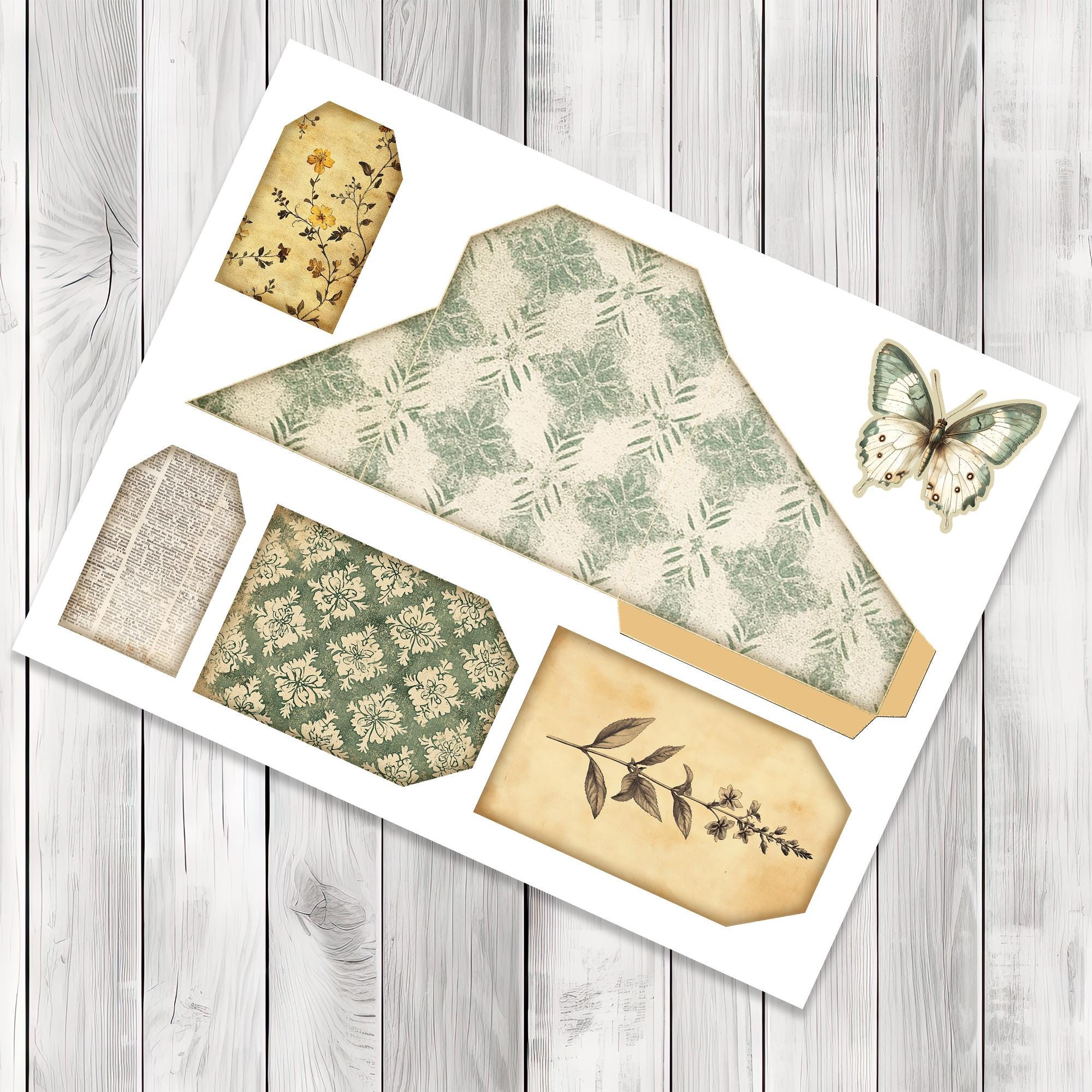 Loaded Tag Insert Vintage Butterfly Loaded Tag Kit, Green Junk Journal Tags and Pockets ...