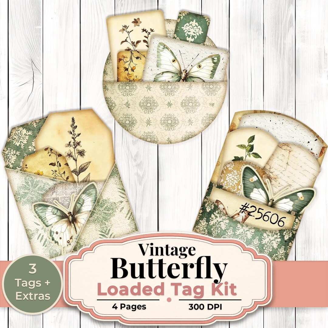 Loaded Tag Insert Vintage Butterfly Loaded Tag Kit, Green Junk Journal Tags and Pockets ...