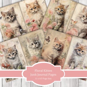 Floral Kitten -  Journal Paper Set, Junk Journal Pages, Flower Junk Journal Paper, Printable Journal, Scrapbook Paper, Digital Paper