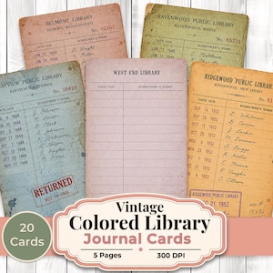 Puede incluir: Una colección de cinco tarjetas de biblioteca rectangulares en varios colores, incluyendo rosa, verde, azul y naranja. Cada tarjeta presenta nombres de bibliotecas, columnas para fechas de vencimiento y nombres, además de anotaciones y sellos.