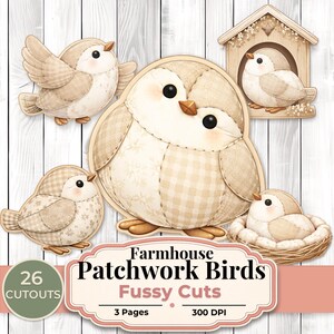 Farmhouse Patchwork Birds Fussy Cuts Printable, Neutral Bird Ephemera, Vintage Fabric Style Cutouts, Junk Journal Embellishment, Cottagecore